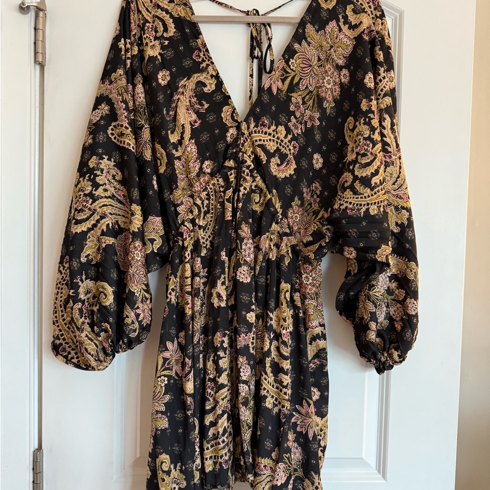 Free People Black V-Neck Bishop Sleeve Sundress